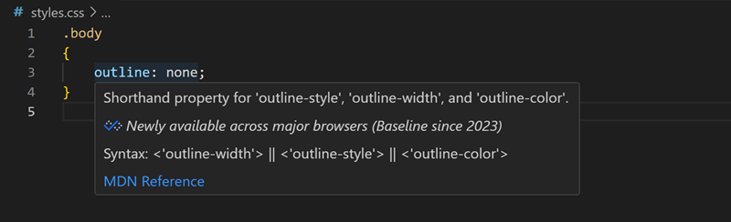 CSS ホバーでのベースラインブラウザーサポートを示すスクリーンショット。