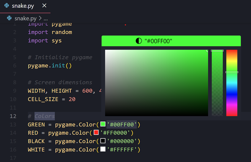 #RGB カラー形式の横のエディターに表示されるカラースウォッチを示すスクリーンショット。