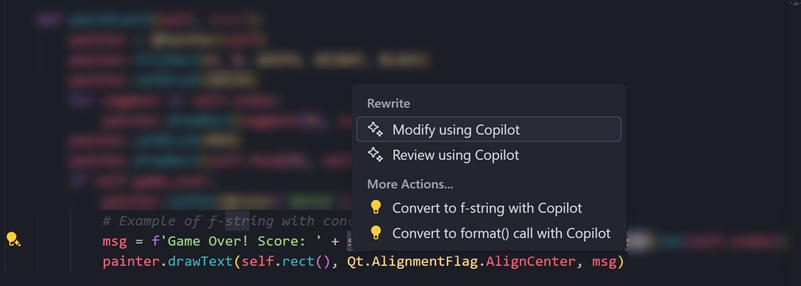 AI を活用した文字列変換コードアクションを示すスクリーンショット。