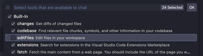 ツールピッカーのスクリーンショット。「editFiles」ツールセットアイテムがクリアされている状態を示しています。