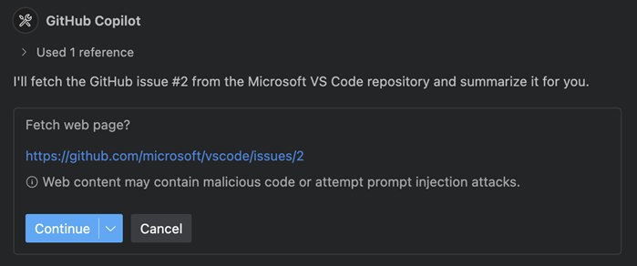 プロンプトインジェクションに関する警告が表示されたフェッチツールのスクリーンショット。