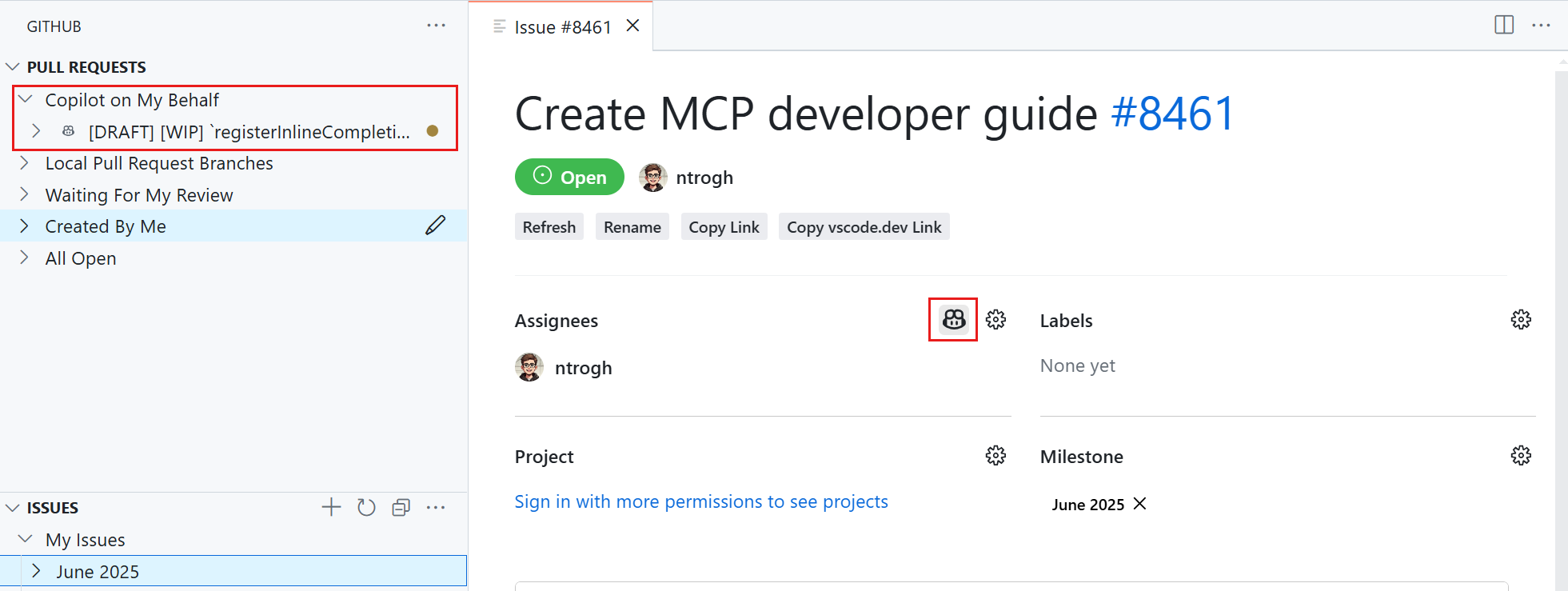 GitHub Pull Requests ビューを示すスクリーンショット。Copilot への割り当てアクションと、Copilot に割り当てられた作業の PR クエリが強調表示されています。