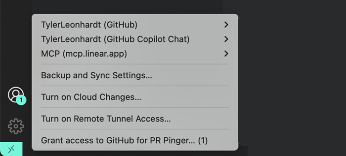 アカウントメニューに Linear が表示されているスクリーンショット。
