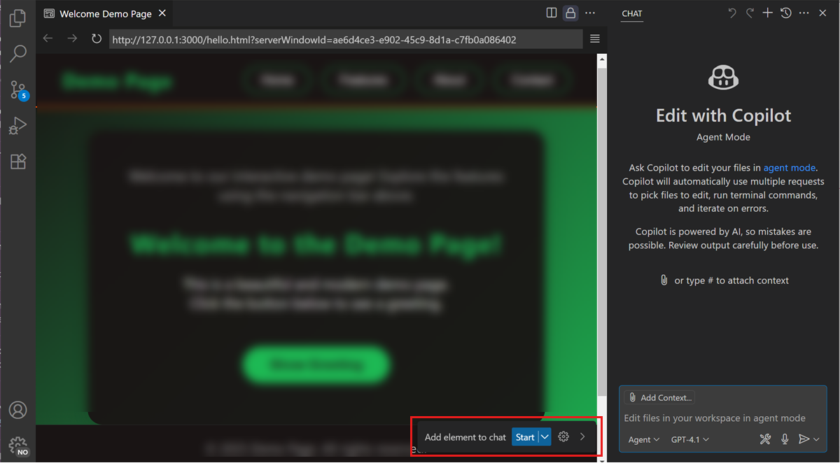 Live Preview 拡張機能を示すスクリーンショット。Web ページから Web 要素を選択するためのオーバーレイコントロールが強調表示されています。