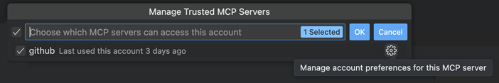 「信頼できる MCP サーバーの管理」クイックピックのスクリーンショット。
