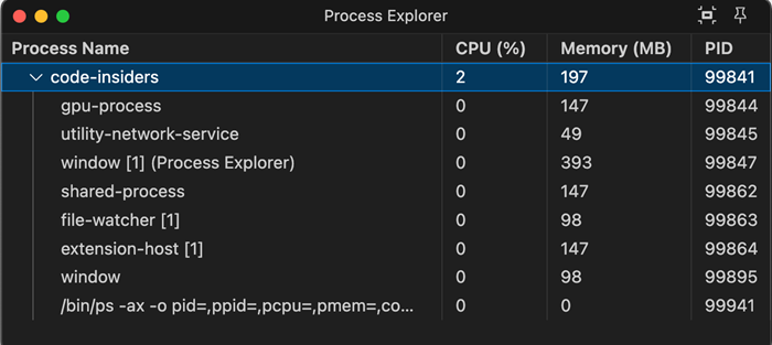 フローティングウィンドウ内の VS Code プロセスエクスプローラーのスクリーンショット。