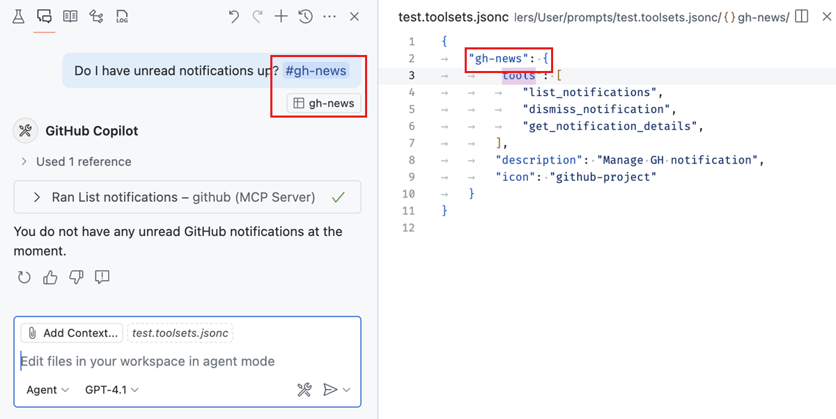 チャットビューのスクリーンショット。未読通知に関するクエリが表示されており、チャットインターフェイスとこのツールセットを定義する JSON 設定ファイルの両方で 'gh-news' ツールセットが強調表示されています。