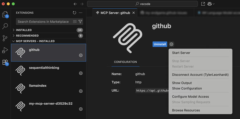 MCP エディターギアメニューの Disconnect Account アクションのスクリーンショット