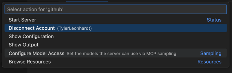 MCP クイックピックメニューの Disconnect Account アクションのスクリーンショット