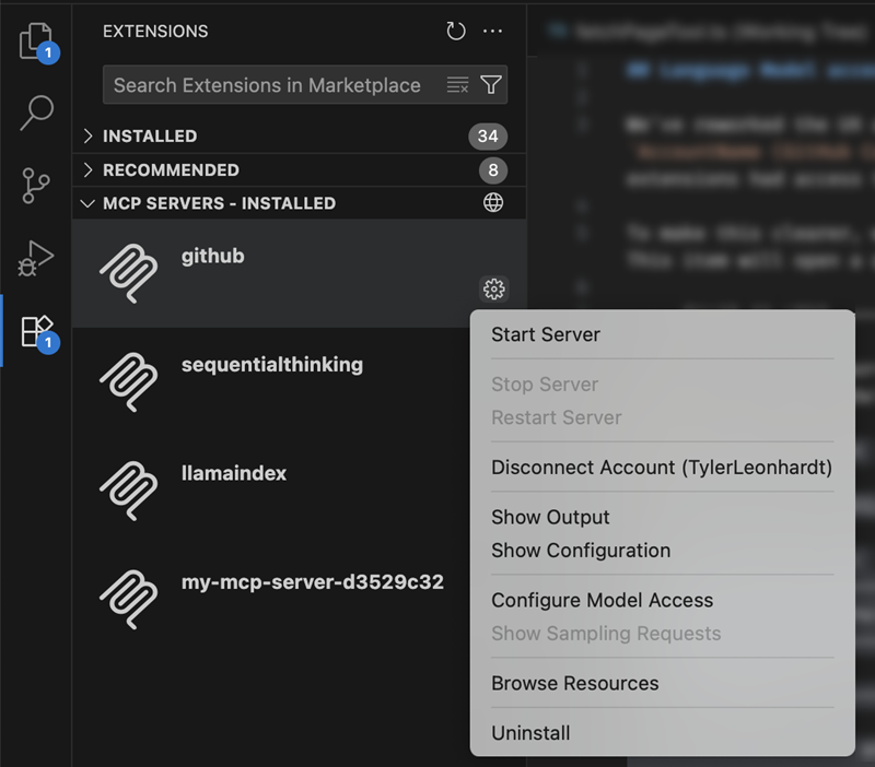 MCP ビューギアメニューの Disconnect Account アクションのスクリーンショット
