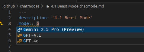 チャットモードファイルの model メタデータプロパティの IntelliSense を示すスクリーンショット