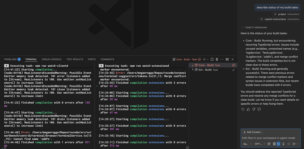 複数のビルドタスクが実行中の VS Code ウィンドウと、タスク出力の要約を返すチャットエージェントのスクリーンショット
