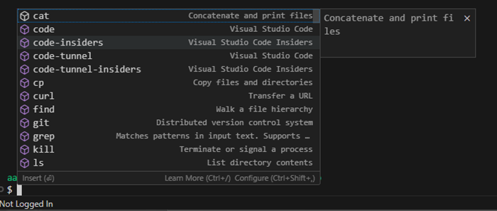 cat, cp, curl などの組み込み関数がサジェストされる Git Bash ターミナルのスクリーンショット