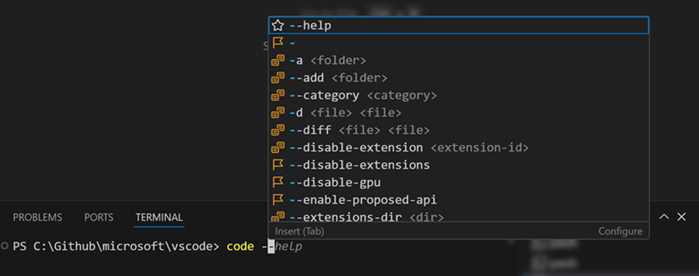 Tab で最初のターミナルサジェストを受け入れる様子のスクリーンショット