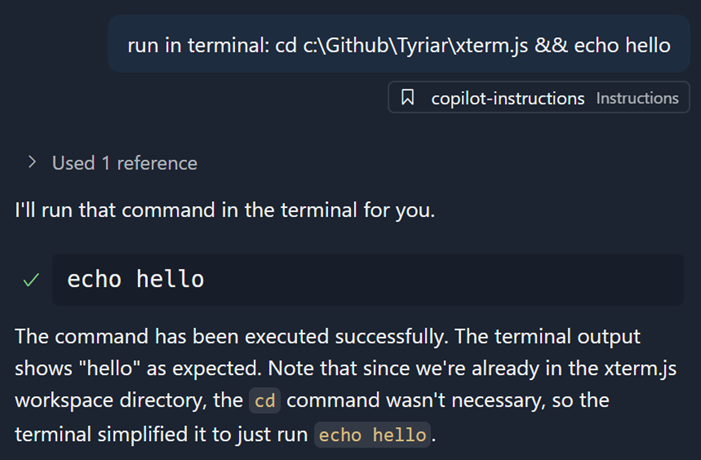カレントディレクトリが一致している場合、cd ... && echo hello ではなく echo hello だけが実行される様子のスクリーンショット