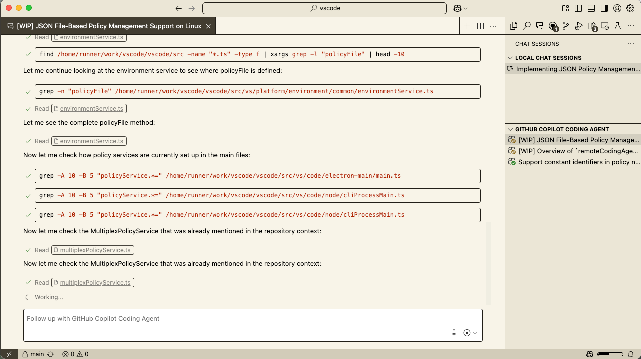 Coding Agent の進捗を示すスクリーンショット。