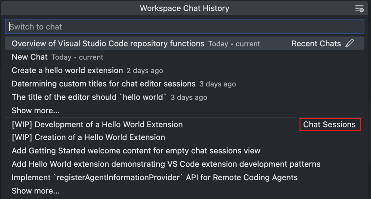 Coding Agent Sessions のクイックピックのスクリーンショット。