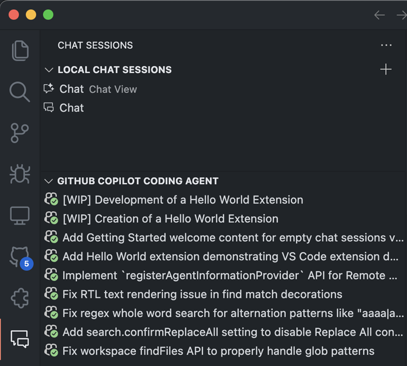 Coding Agent Sessions ビューのスクリーンショット。