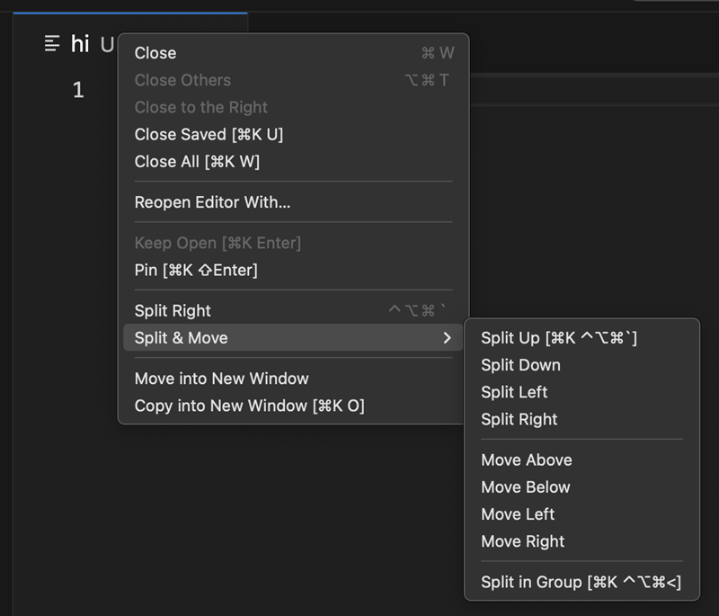“Split and Move” サブメニューのスクリーンショット。