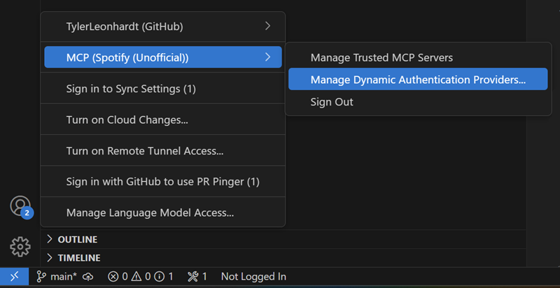 アカウントメニュー内の MCP サーバーアカウントに表示される管理オプションのスクリーンショット。