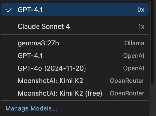 Copilot や OpenRouter などのプロバイダーのモデルを表示するモデルピッカーのスクリーンショット