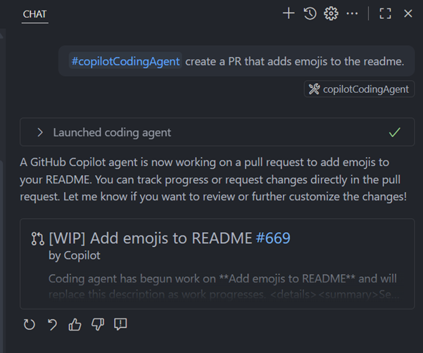 Chat ビュー内のコーディングエージェント PR カードのスクリーンショット。