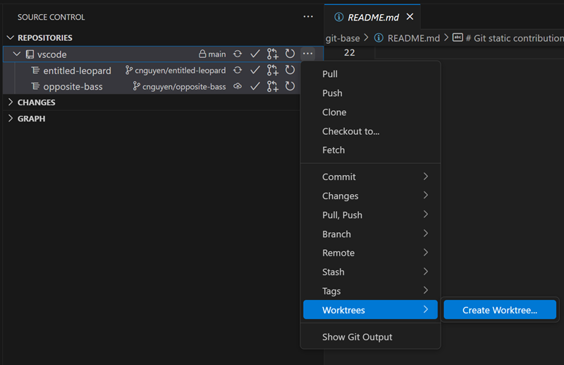 ソース管理ビューで worktree を作成するコマンドのスクリーンショット。