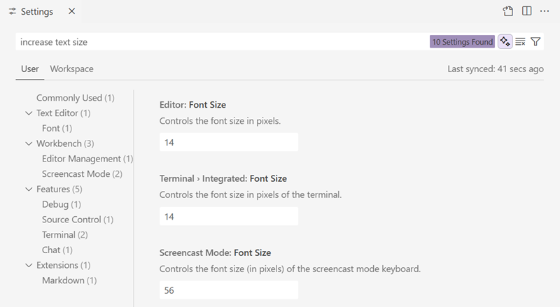 「increase text size」で editor.fontSize を示す設定エディターの AI 結果のスクリーンショット。