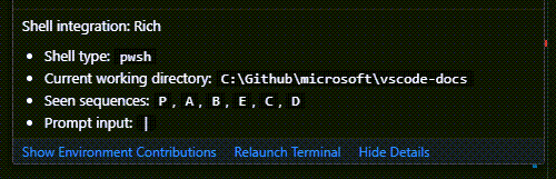 pwsh などのシェル種別と現在の作業ディレクトリを示す詳細ホバーのスクリーンショット。