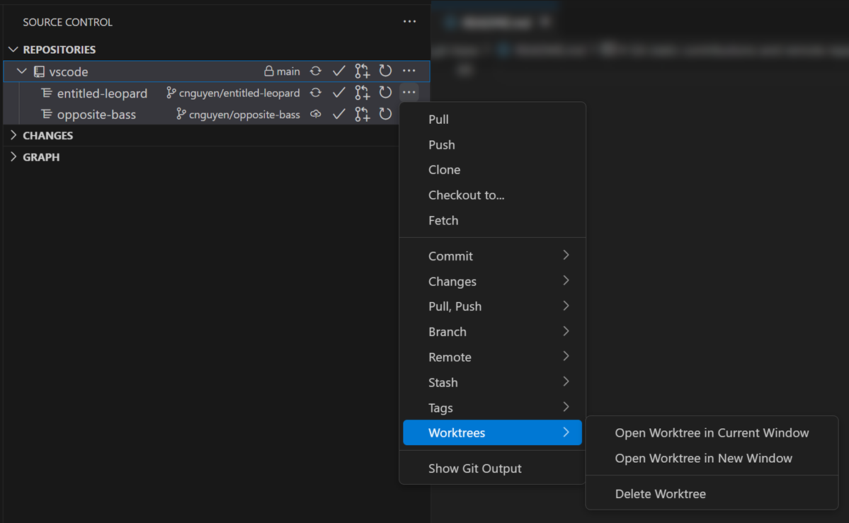 ソース管理ビューで worktree を開く/削除するコマンドのスクリーンショット。