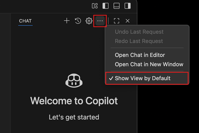セカンダリサイドバーのデフォルトの可視性を設定するオプションがあるチャットビューメニューのスクリーンショット。