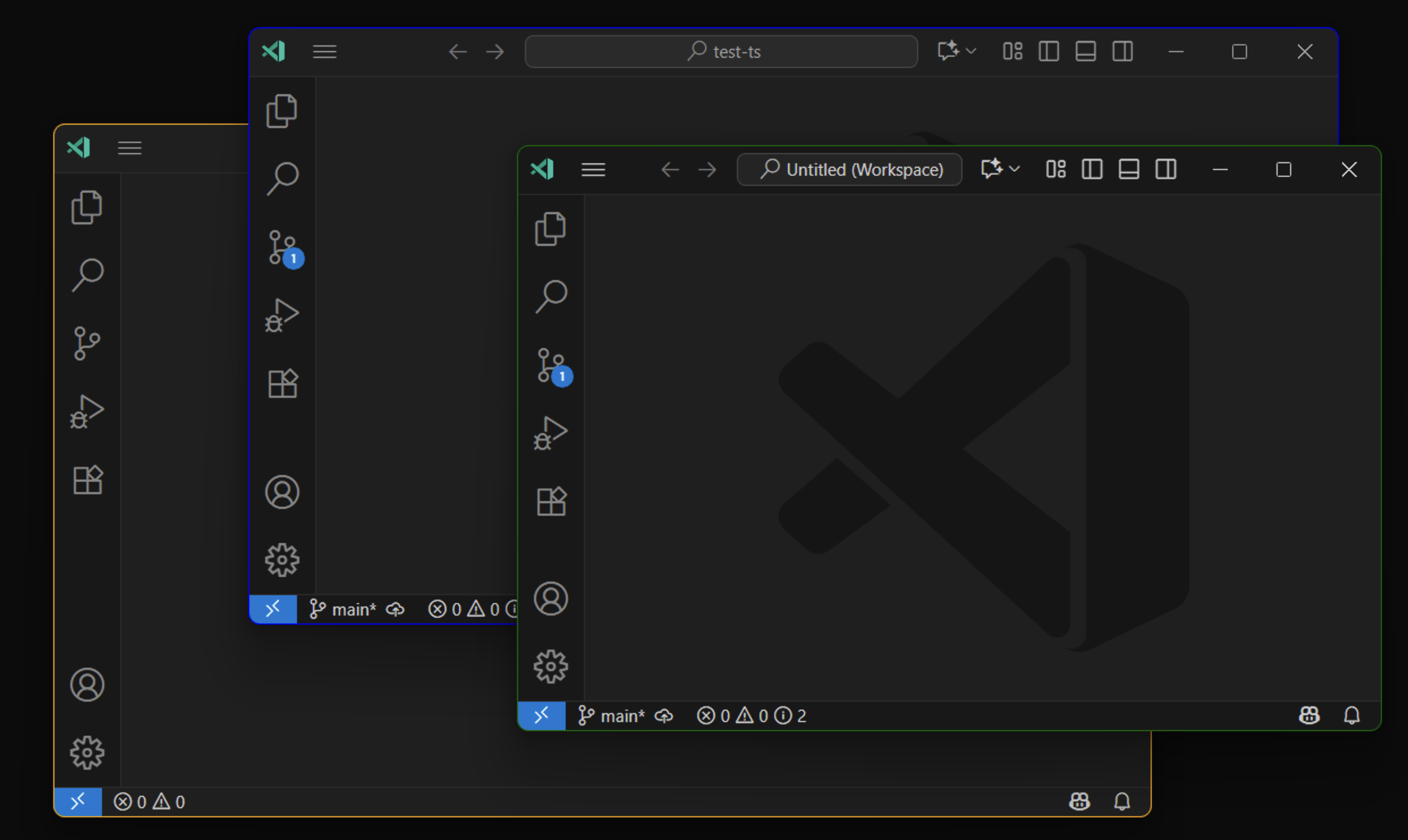 異なる境界線色の複数の VS Code ウィンドウのスクリーンショット。