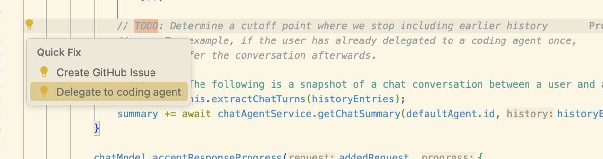 TODO コメントの上にある「Delegate to coding agent」というコードアクションのスクリーンショット。