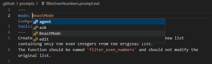プロンプトファイル内のカスタムチャットモードに対する IntelliSense を示すスクリーンショット。