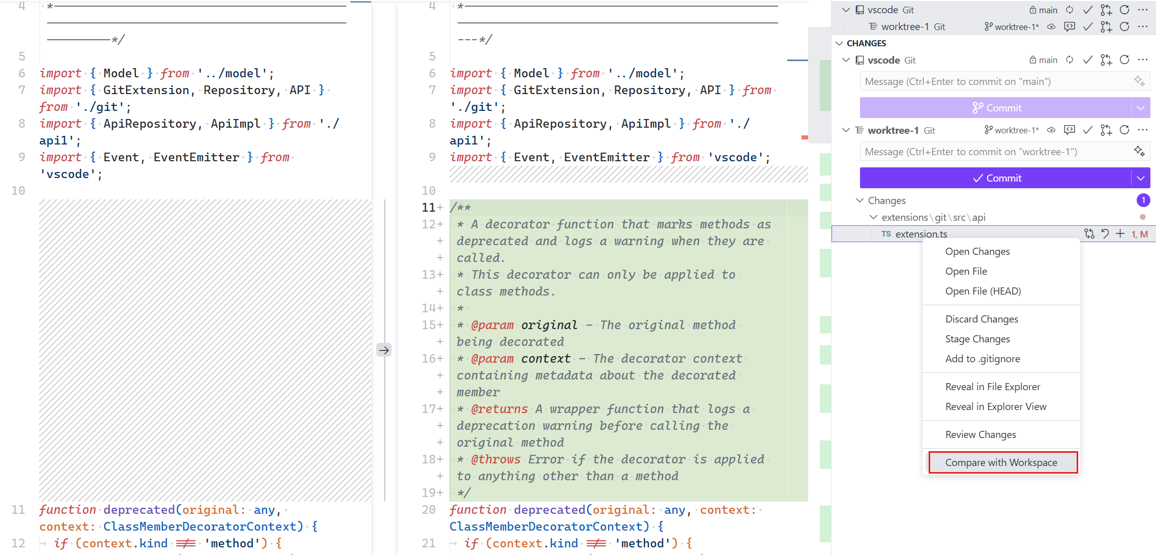 SCM ビューで worktree 内の変更されたファイルに表示されたコンテキストメニューのスクリーンショット。「Compare with Workspace」オプションが選択されています。