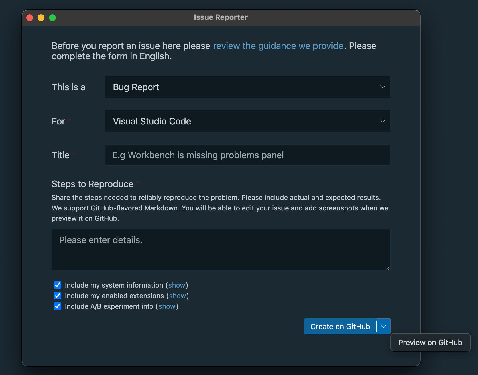 問題報告者で Create on Github と Preview on Github を表示するドロップダウンのスクリーンショット。