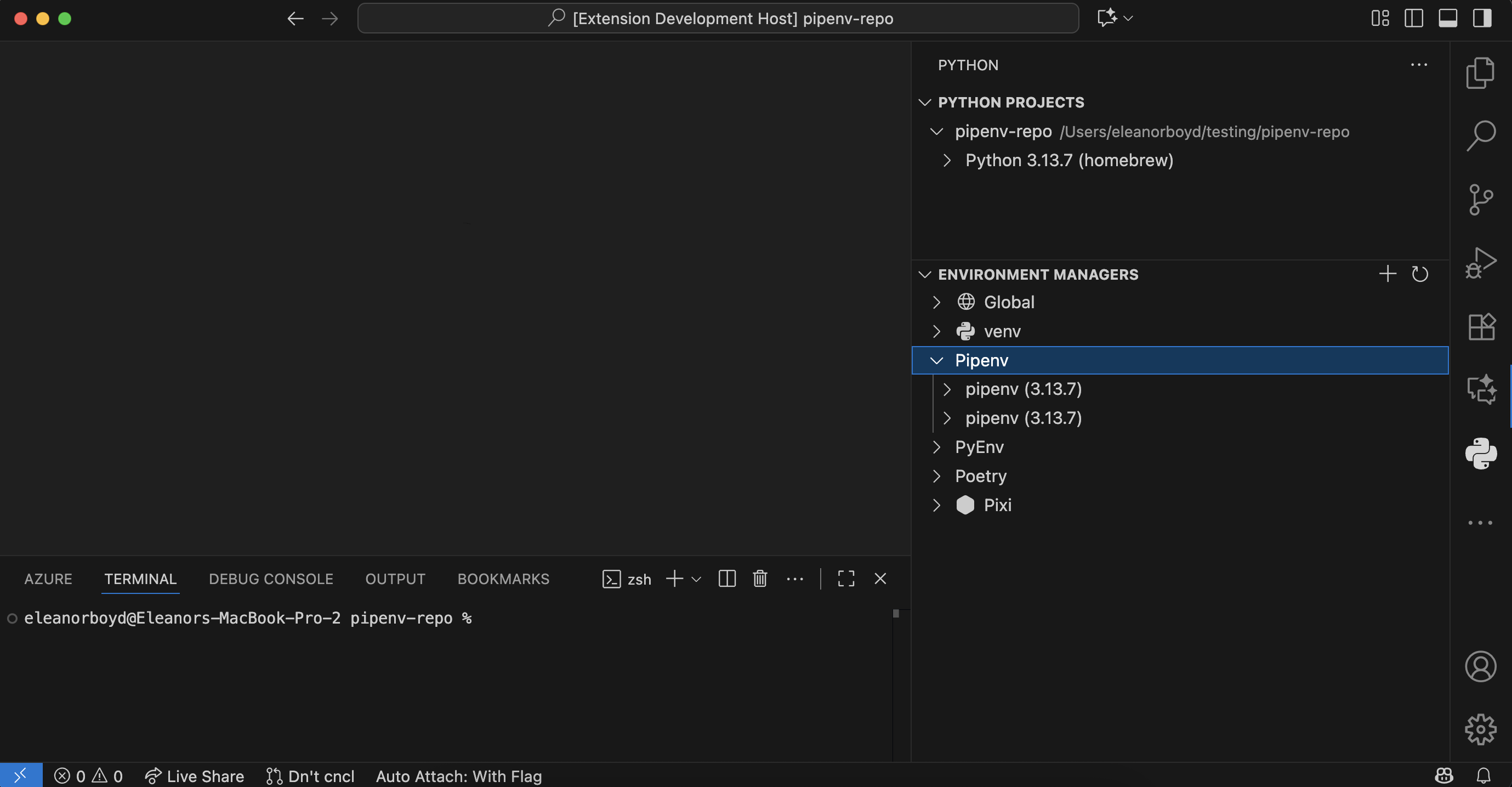 Pipenv 環境が展開された Python サイドバーのスクリーンショット。