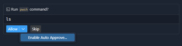 チャットビューのターミナルコマンドのスクリーンショット。「Enable Auto Approve」ドロップダウンが表示されています。