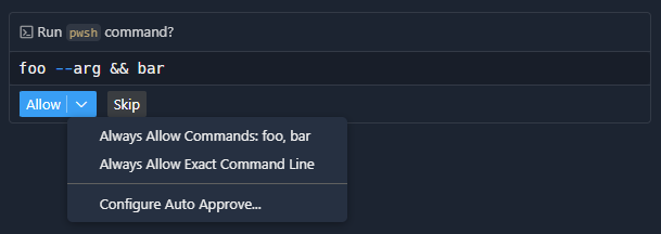 「foo --arg && bar」に対して 3 つの標準オプションが表示されているスクリーンショット。