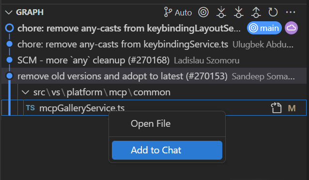 ソース管理グラフビューで、履歴項目のファイルのコンテキストメニューに Add to Chat オプションがハイライトされているスクリーンショット。
