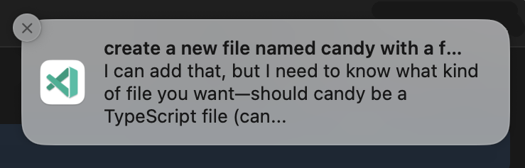 VS Code ウィンドウがフォーカスされていないときの OS 通知を示すスクリーンショット。