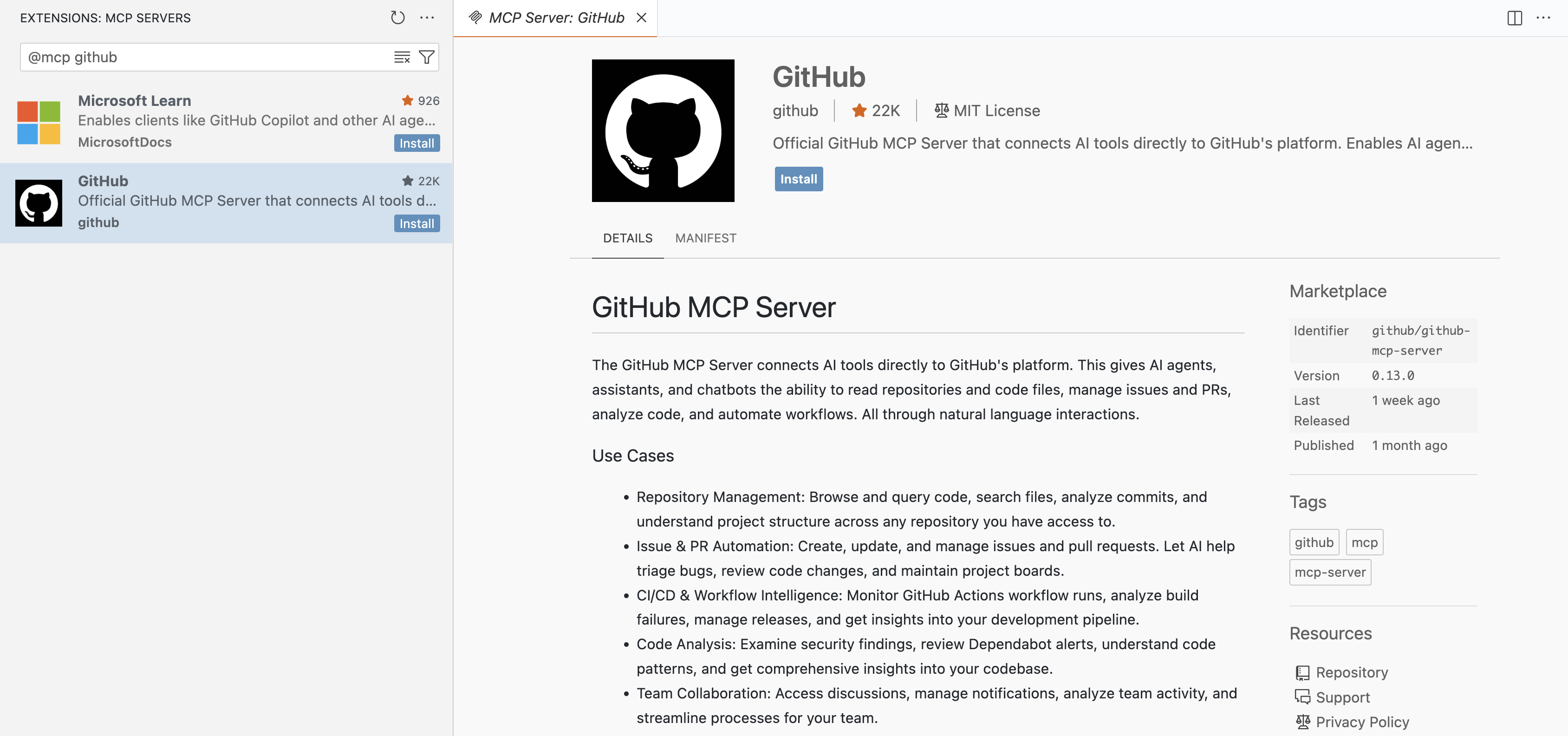 VS Code 内の MCP サーバーマーケットプレイスからの GitHub MCP サーバーの詳細を示すスクリーンショット。