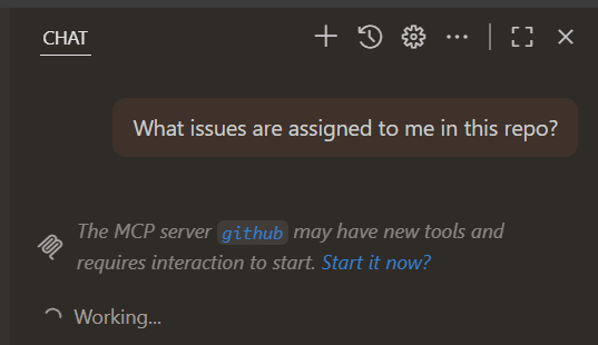 GitHub MCP の再起動が必要であることを示す通知メッセージが表示されたチャットビューのスクリーンショット。