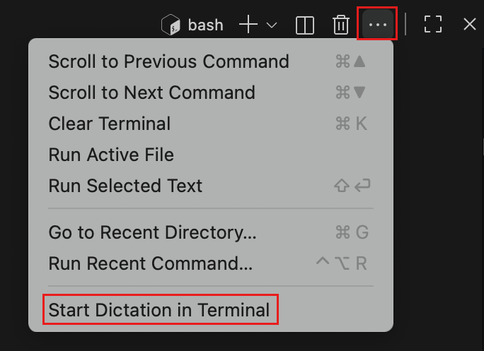 Start Dictation オプションが表示されたターミナルオーバーフローメニューのスクリーンショット。