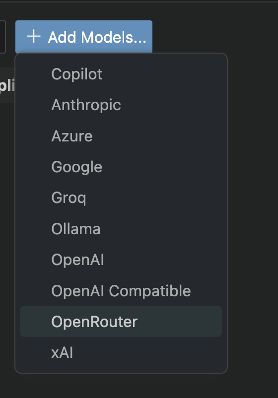 Copilot、Anthropic、Azure、Google などを含むインストール済みの言語モデルプロバイダーのリストを持つ Add Models ドロップダウンのスクリーンショット。