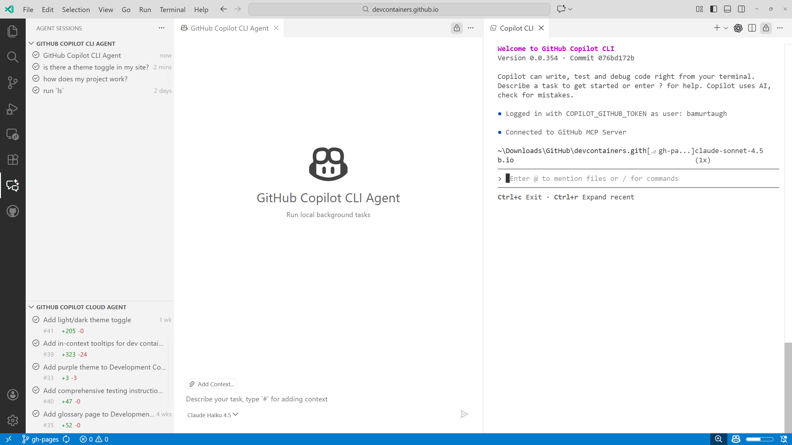 CLI エージェントエディターと Copilot CLI セッションを持つ統合ターミナルを示すスクリーンショット。