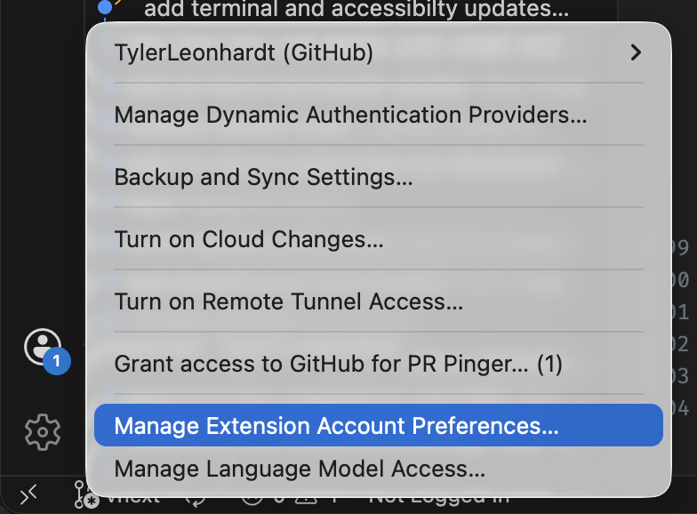 アカウントメニューの Manage Extension Account Preferences のスクリーンショット。