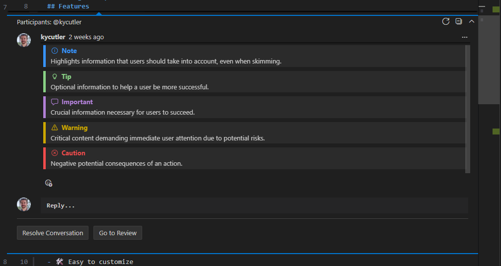 スクリーンショットのコメントスレッドに表示される GitHub スタイルのアラート。各アラートタイプがそれぞれのアイコンとスタイルで表示されています。