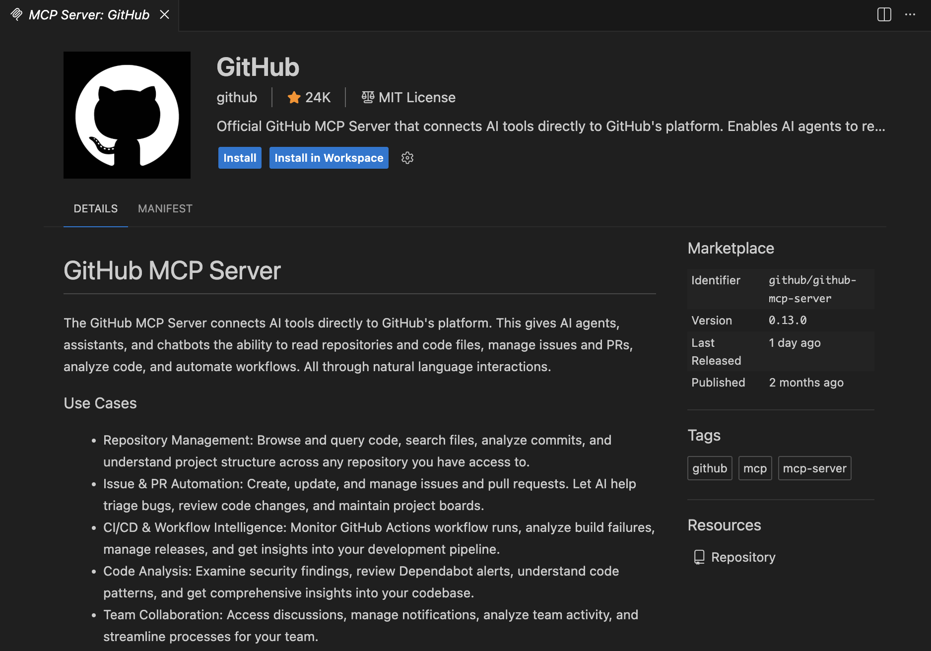 Install (Workspace) オプションがハイライトされた MCP サーバーのコンテキストメニューのスクリーンショット。