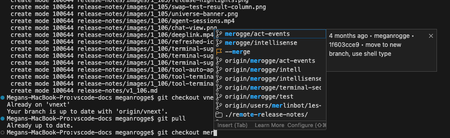ターミナルサジェスト詳細ビューでブランチ名とそれに関連するコミットメッセージを表示する git コミット補完のスクリーンショット。
